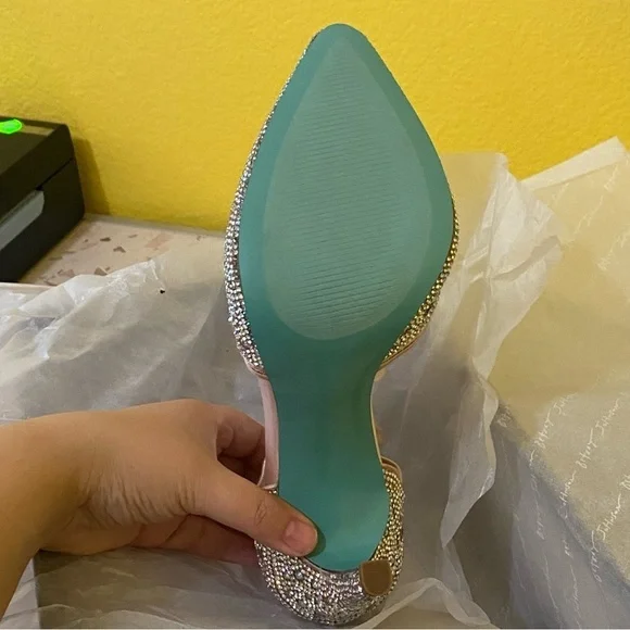 Betsey Johnson Iris Champagne Rhinestone Ankle Strap Stiletto Heels Pumps New - Picture 9 of 14